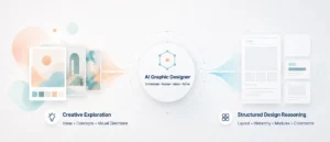 Flujo visual del sistema AI Graphic Designer, que combina exploración creativa, orquestación diseñada de manera modular y razonamiento estructurado de diseño.