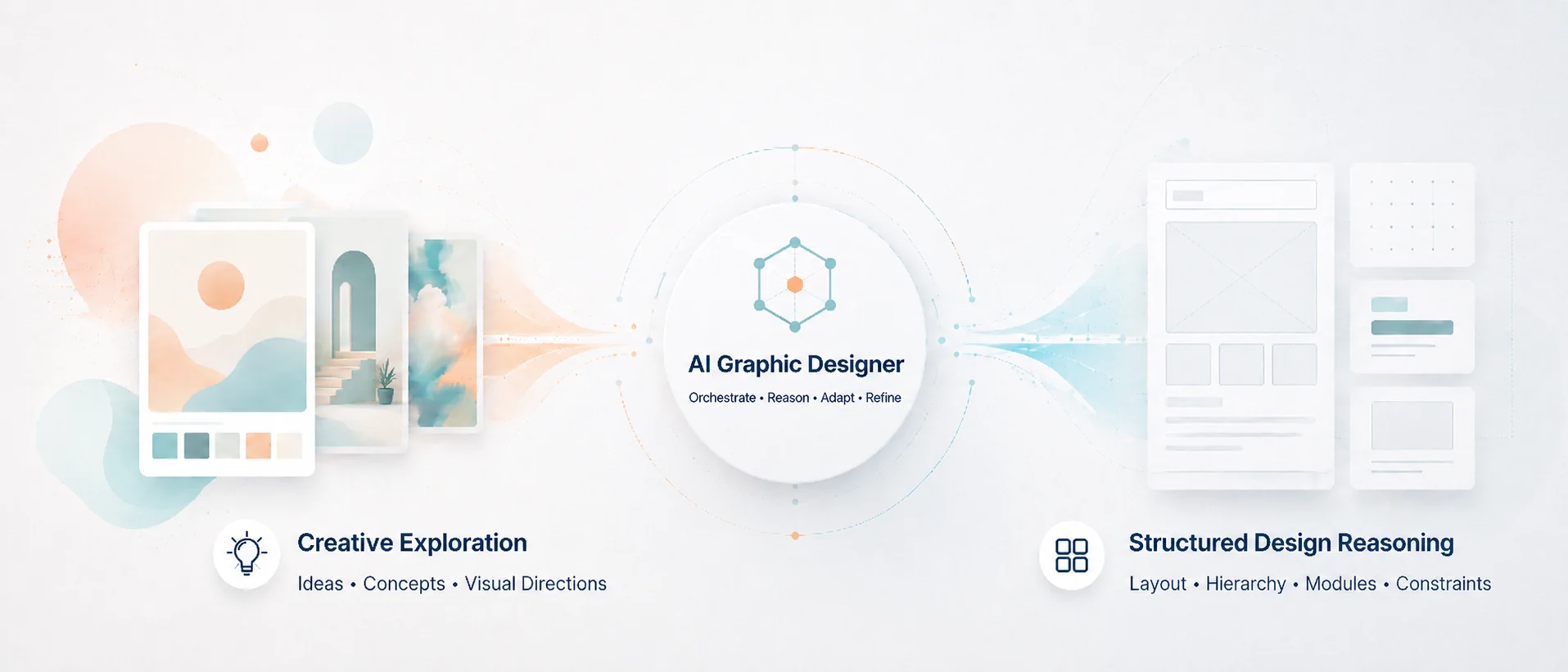 Flujo visual del sistema AI Graphic Designer, que combina exploración creativa, orquestación diseñada de manera modular y razonamiento estructurado de diseño. Flujo visual del sistema AI Graphic Designer, que combina exploración creativa, orquestación diseñada de manera modular y razonamiento estructurado de diseño.