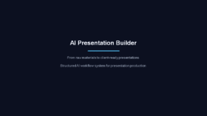 Sistema de creación de presentaciones con IA que muestra generación estructurada de diapositivas, planificación de contenidos y automatización del flujo de trabajo de presentación.