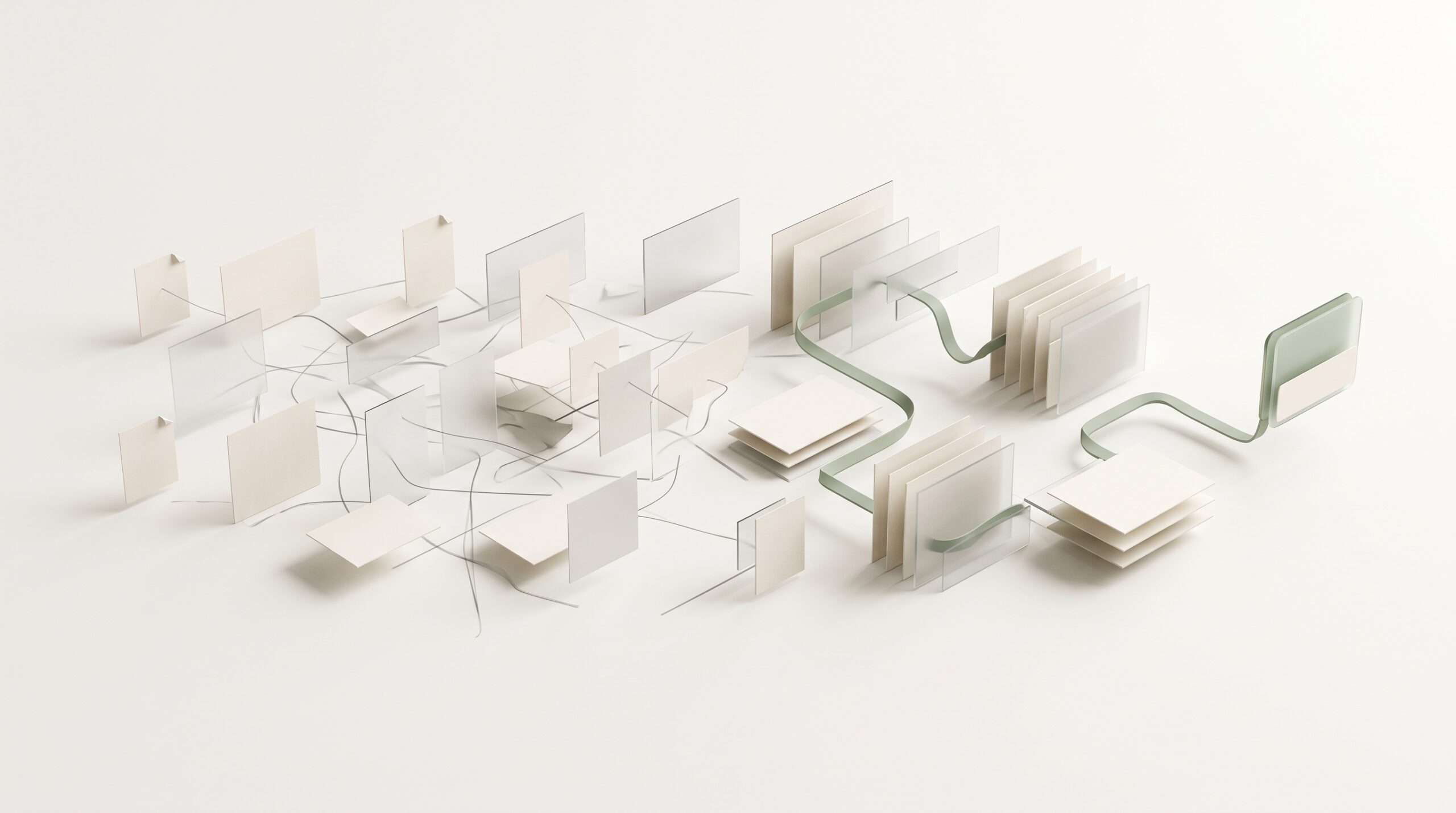 AI Project Co-Pilot visual showing scattered project information becoming an organized workflow connected by a sage green ribbon.