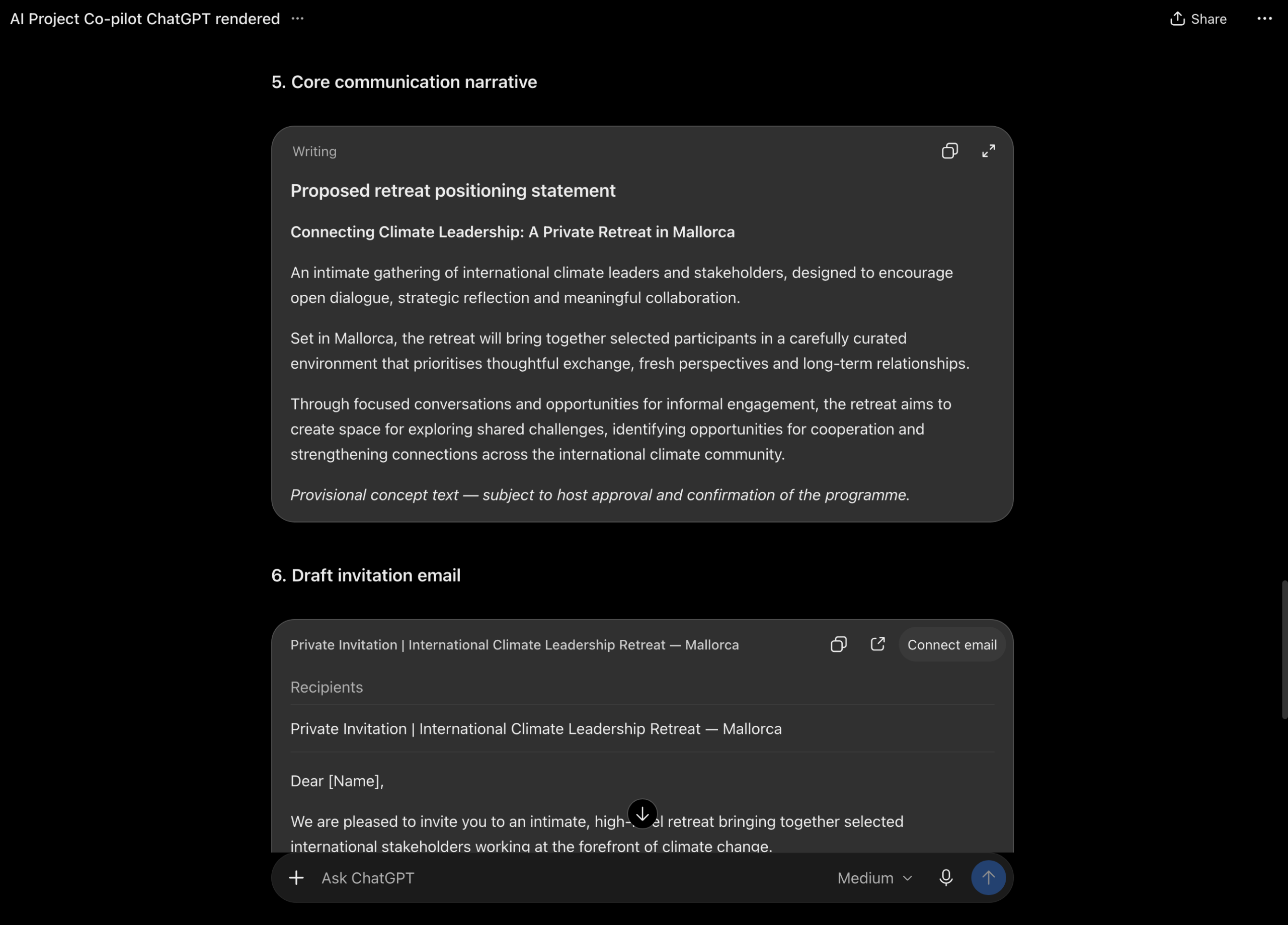 AI Project Co-Pilot draft retreat positioning statement and invitation email for human review.