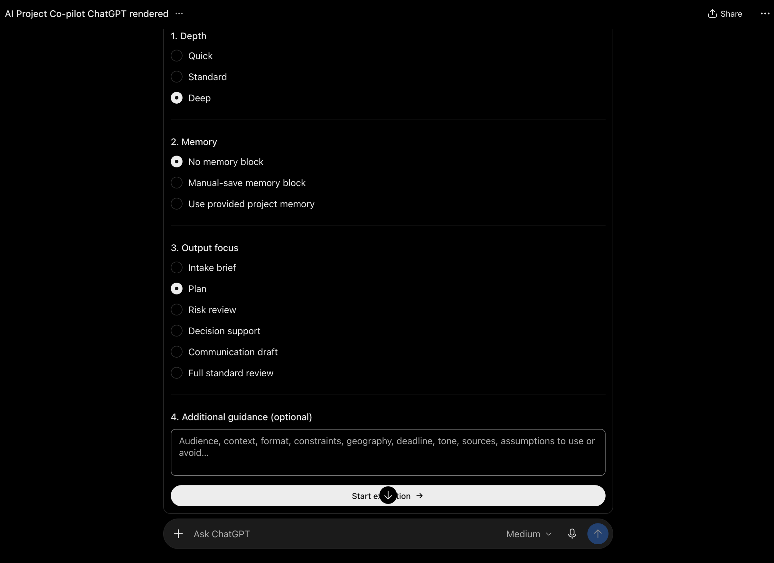 AI Project Co-Pilot execution setup with deep planning, no memory block and plan output selected.