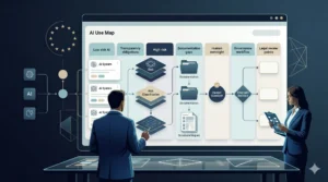 EU AI Act compliance dashboard showing AI use cases, risk categories, documentation gaps, human oversight, governance workflow and legal review points