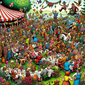 Ilustración de Great Mother Fest que muestra un encuentro comunitario colorido con música, comida, celebración y una fiesta colectiva al aire libre.