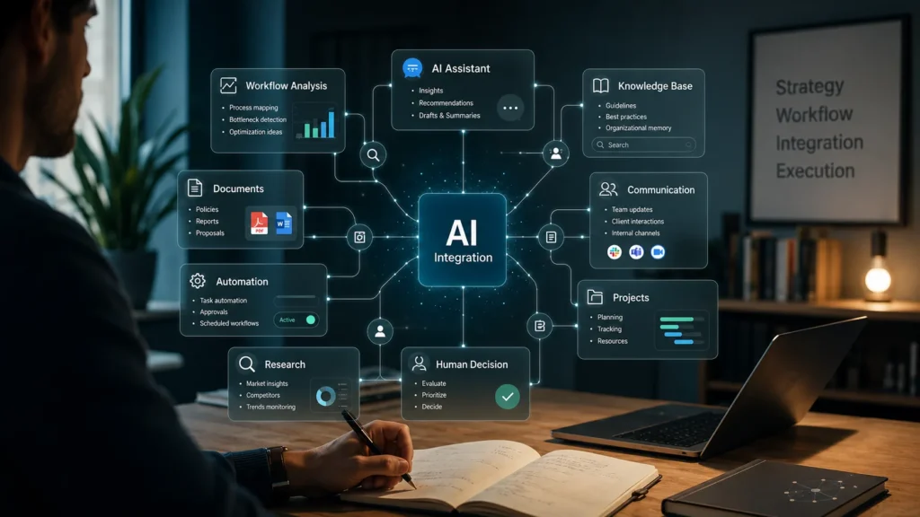 AI integration system showing connected workflows, tools and human-centered decision layers for practical project implementation.