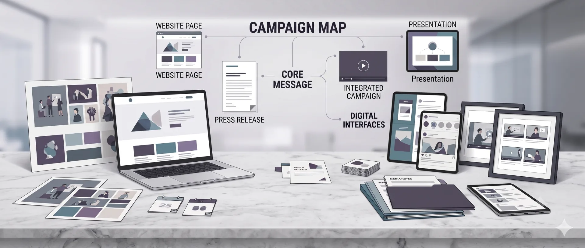 Mapa de campaña de comunicación que muestra sitios web, formatos de medios, estrategia de contenidos y puntos de contacto con la audiencia a lo largo de una campaña estructurada, para diseño web, estrategia de contenidos y marketing digital. Mapa de campaña de comunicación que muestra sitios web, formatos de medios, estrategia de contenidos y puntos de contacto con la audiencia a lo largo de una campaña estructurada, para diseño web, estrategia de contenidos y marketing digital.