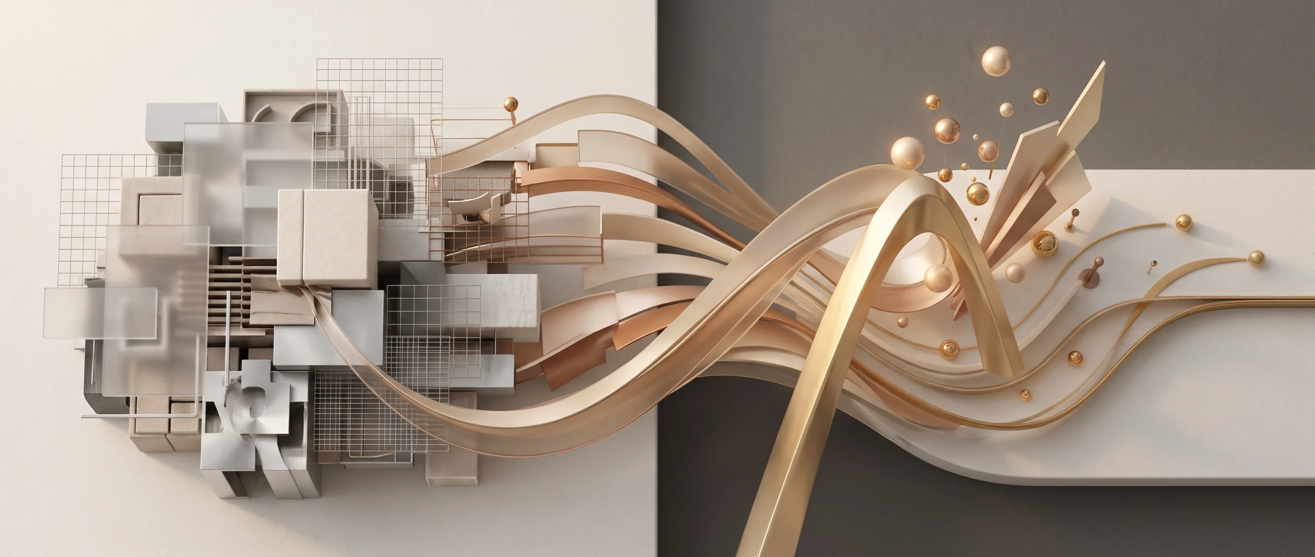Abstract digital transformation illustration with architectural blocks connected by flowing gold and copper ribbons.
