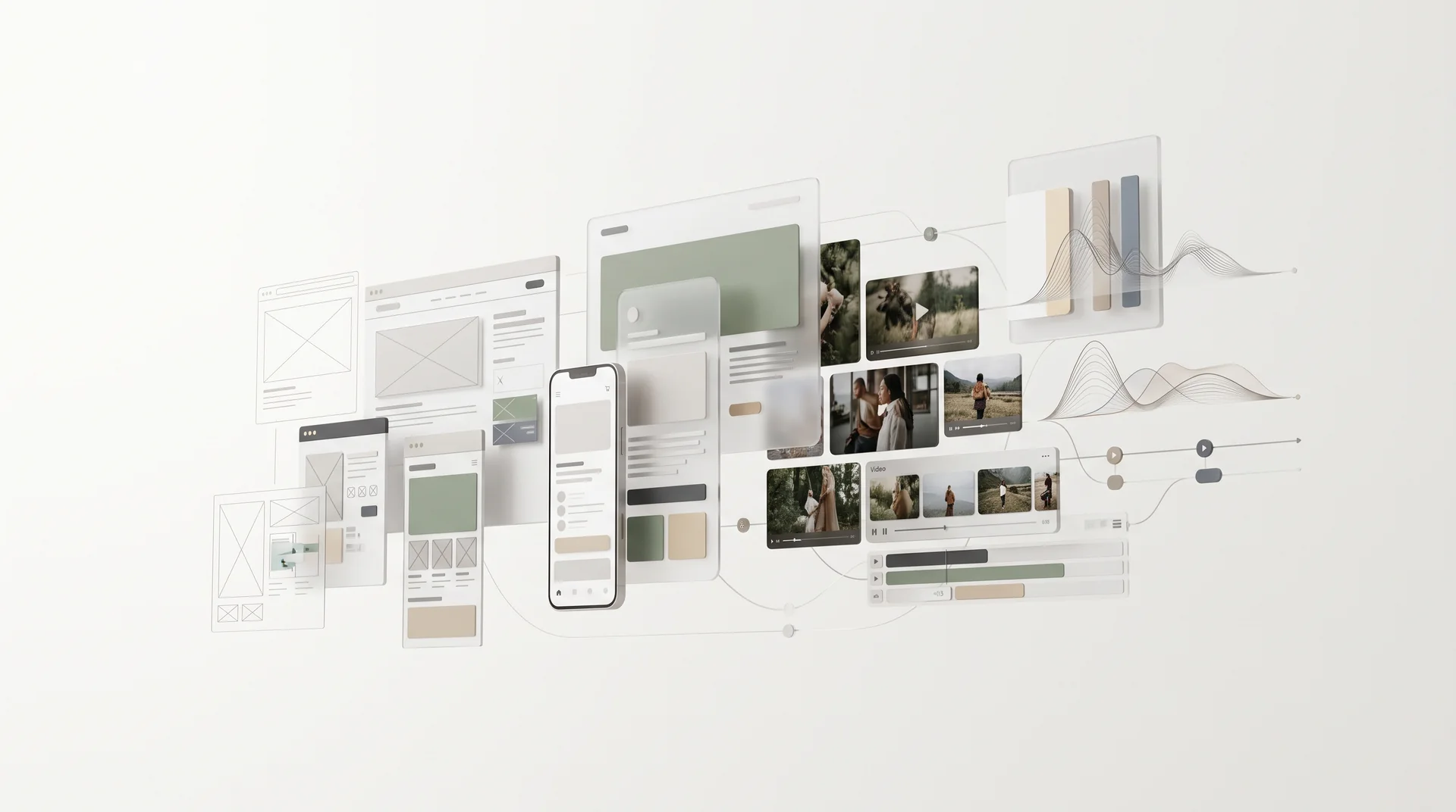 multimedia-hero Web design layouts, digital publications, video frames and audio waveforms connected in a multimedia production workspace.