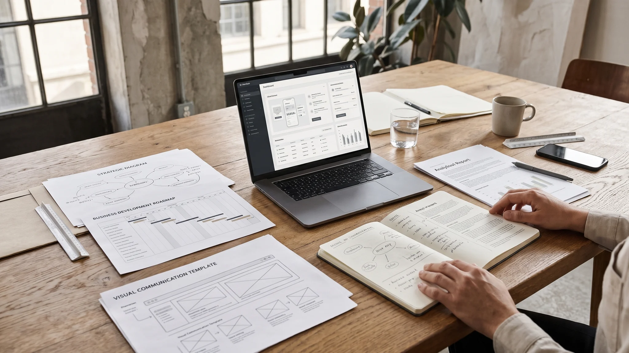Laptop with a digital dashboard, project plans, research reports and handwritten notes on a worktable.