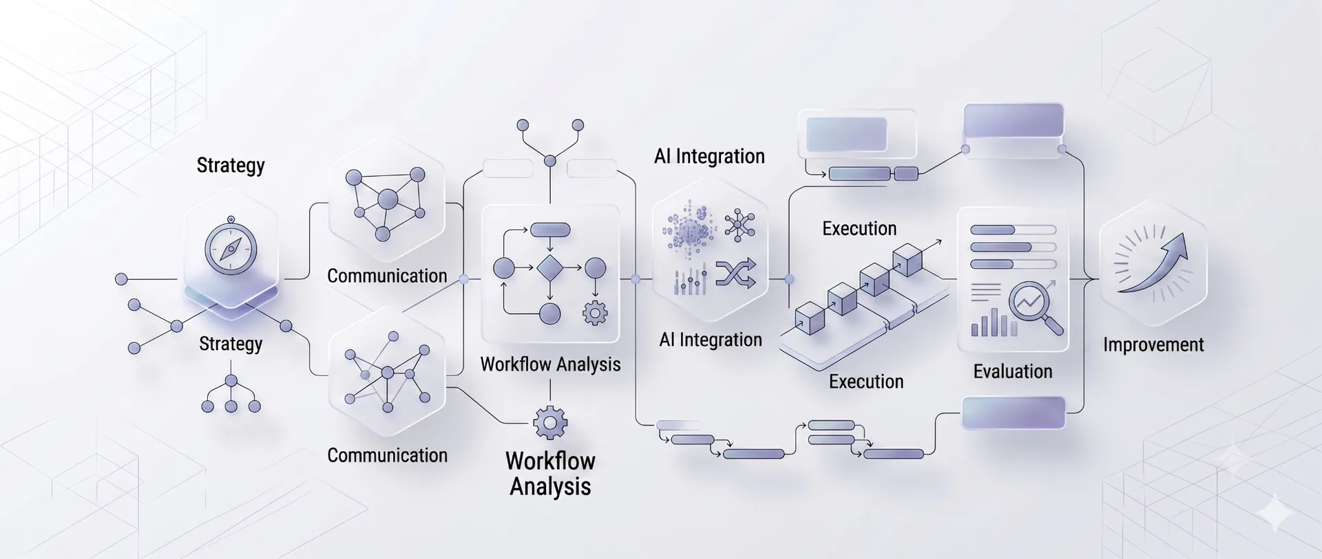 Mapa de flujo de trabajo de integración de IA que muestra las etapas de estrategia, datos, conocimiento, automatización, evaluación e implementación.