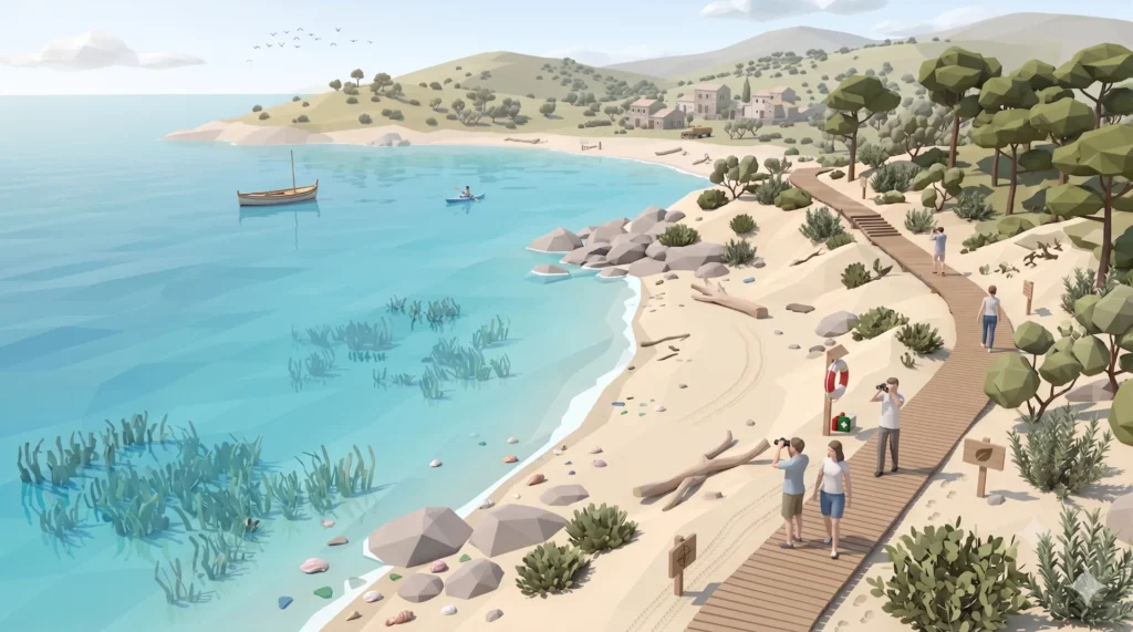 Paisaje de turismo costero sostenible que muestra el mar, la playa, viajeros, la comunidad local y la protección del ecosistema marino, como estrategia de turismo sostenible para destinos costeros, comunidades locales y ecosistemas marinos.