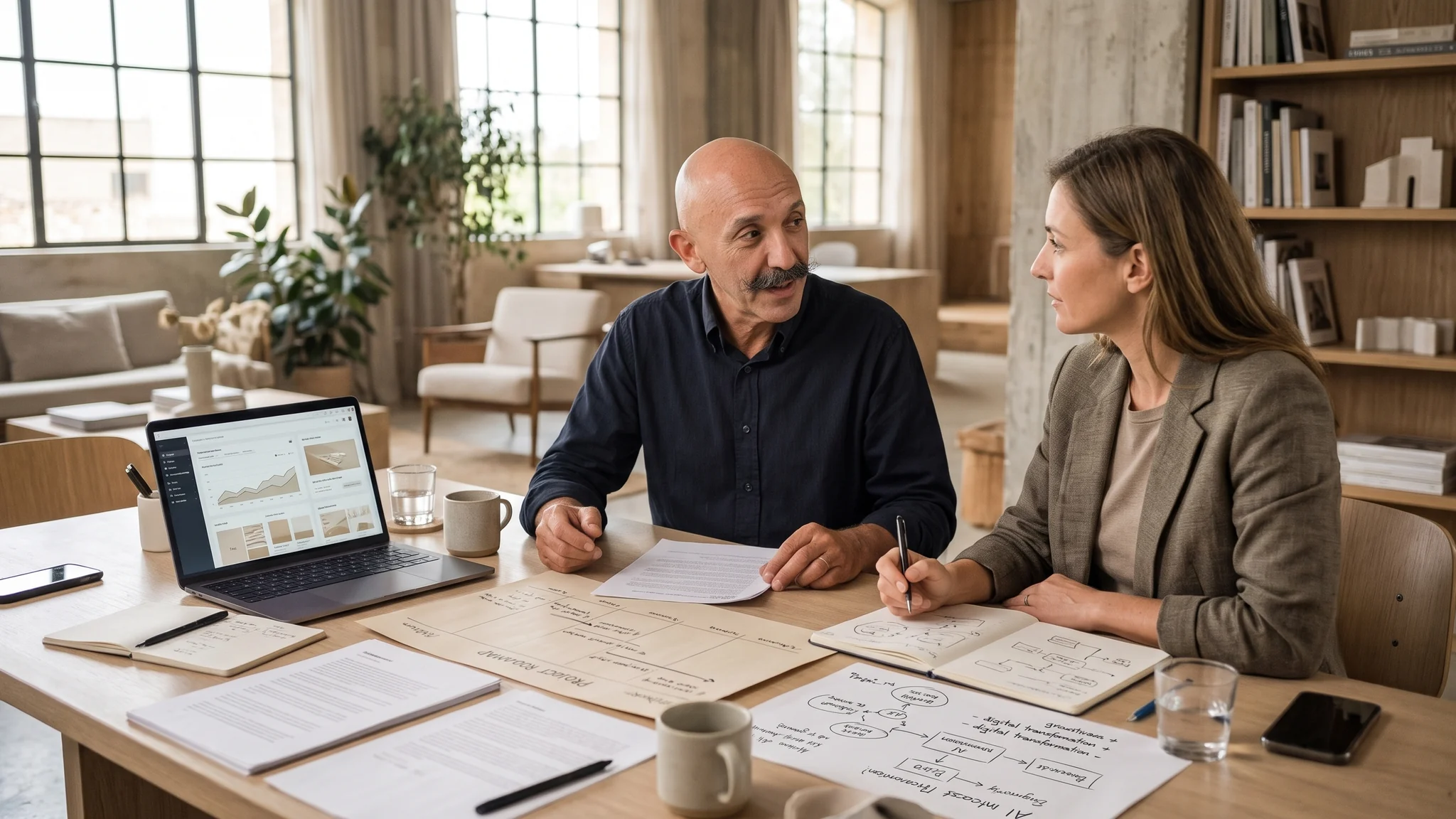 Two people discussing ideas and planning work together around a table with documents and a laptop.