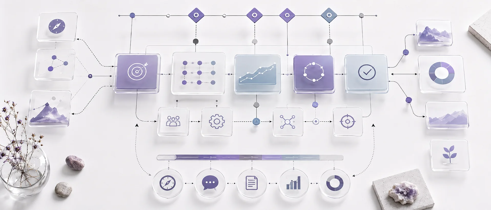 Project management and consulting framework showing goals, workflows, communication channels and performance indicators for structured project development.